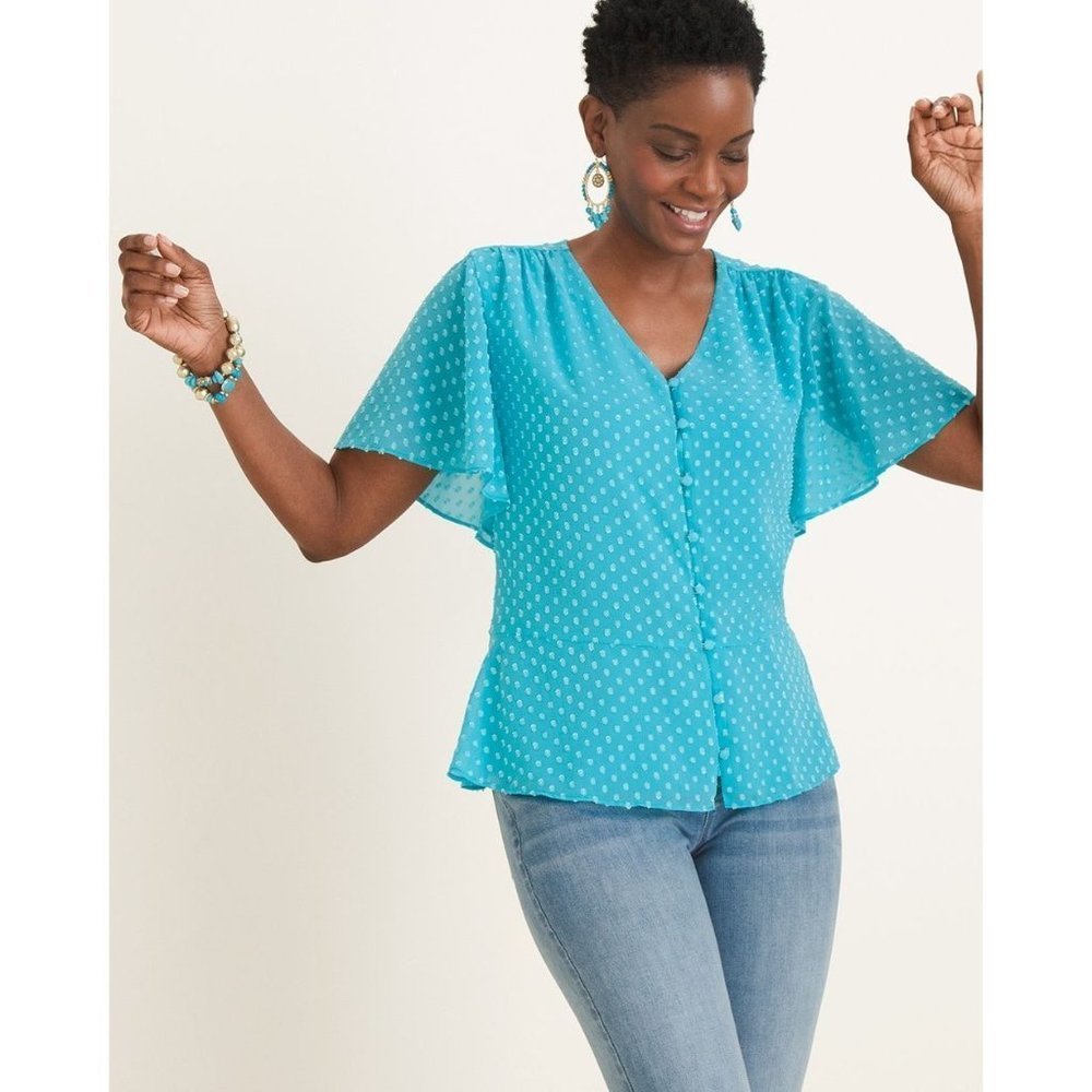 Chico's Blouse Womens Size 1 Medium 8 Blue Clip Dot Peplum Flutter Sleeve‎ Top